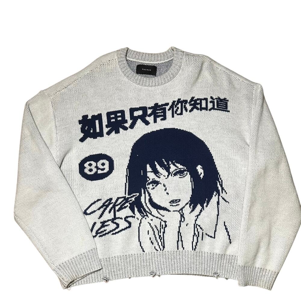 PacSun Anime Graphic Oversized Crop Distressed Hip Hop Streetwear Sweater
